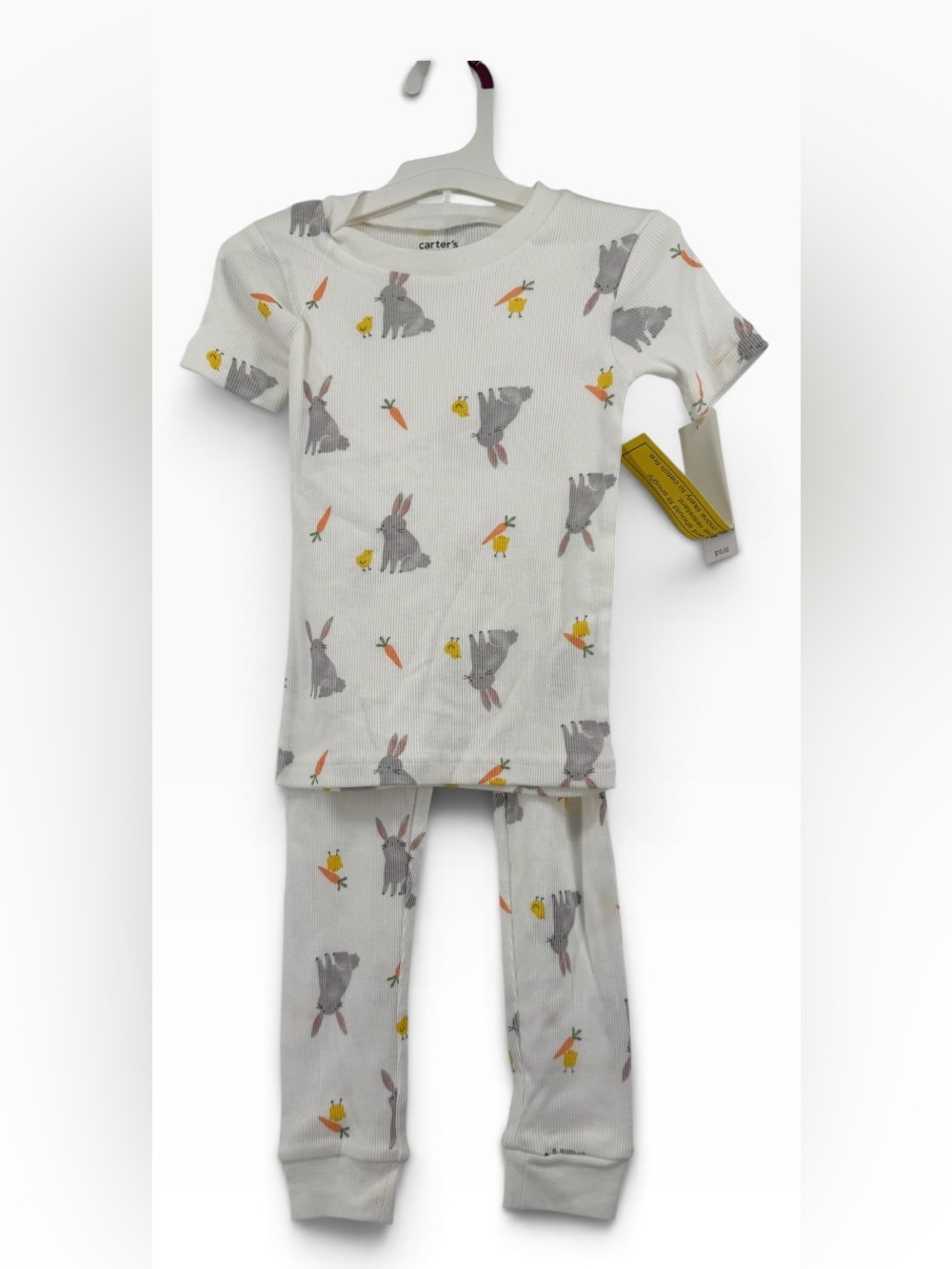 Carter's White Bunny & Chick Pajama Set with Gray Rabbits and Yellow Chicks